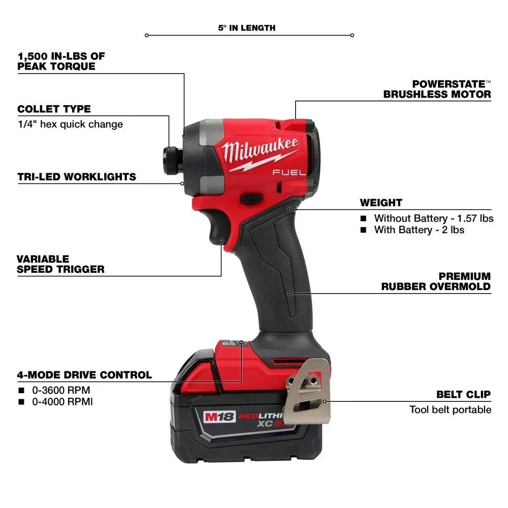 Milwaukee 3697-22 M18 FUEL 18V Cordless 2-Tool Combo Kit w/ 5.0AH Batteries - Image 3